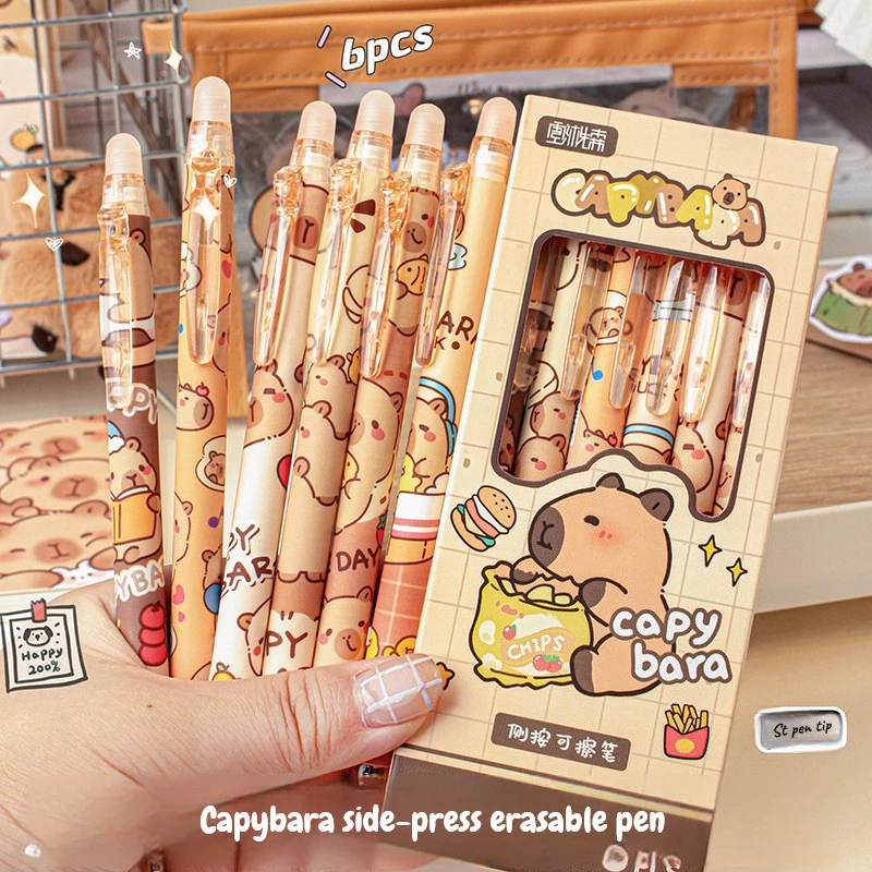

6 шт./компл., стираемая гелевая ручка с рисунком Kawaii Capybara, 0,5 мм, синие чернила, волшебные ручки, студенческие, школьные, офисные, милые канцелярские принадлежности для письма