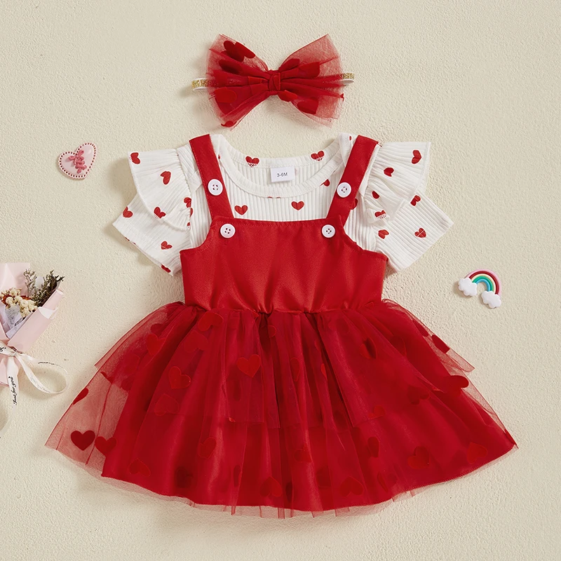 FOCUSNORM 3pcs Lovely Baby Girls Valentine’s Day Clothes Set Short Sleeve Heart Print Romper Lace Tulle Suspender Skirt Headband