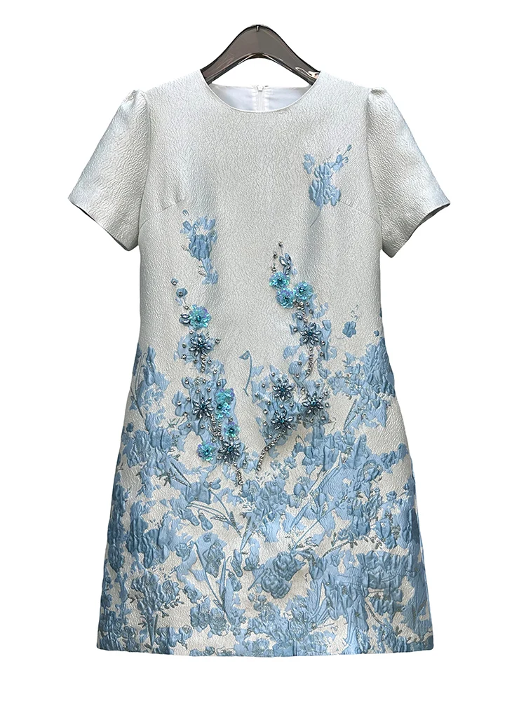 Luxury Heavy Jacquard Fabrics Women Short Sleeve Dress High Quality Sequins Beads Diamonds O-neck Elegant Slim A-line Lady Dress