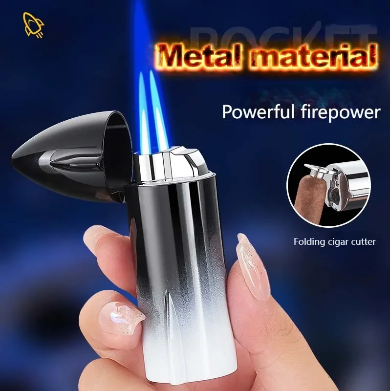 Metal Outdoor Windproof Butane Gas Lighter Creative Rocket Shape Double Blue Flame Torch Jet Cigar Lighter Home Decorations