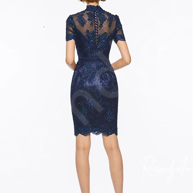 Customized Navy Lace Mother of the Bride Dress High Neckline Short Sleeves Knee Length Perfect for Wedding or Special Occasion