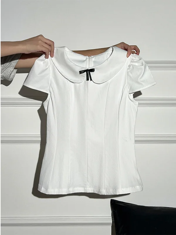 Cute Doll Style Women's Shirt Slimming Waist Design Versatile Korean Version Breathable Polyester Short Sleeve  Knot...