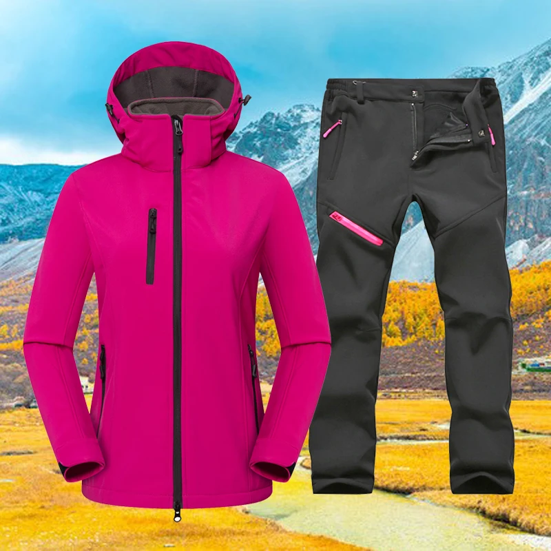 Women Trekking Softshell Jacket Pants Suits Outdoor Warm Fleece Waterproof Hiking Suit  Camping Skiing Female Thermal Outerwear