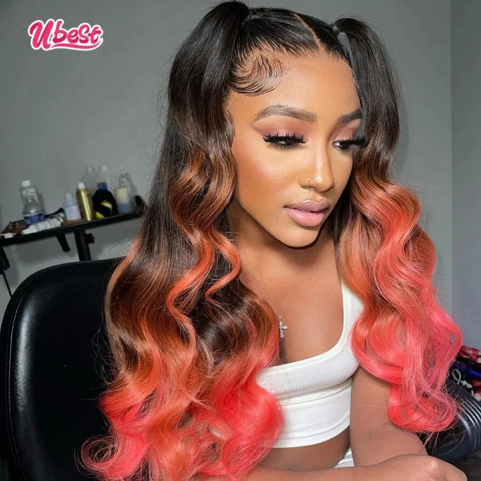 13x6 Ombre Pink Color Body Wave Lace Front Human Hair Wig 200 Density Brazilian Transparen Lace Frontal Wig For Women