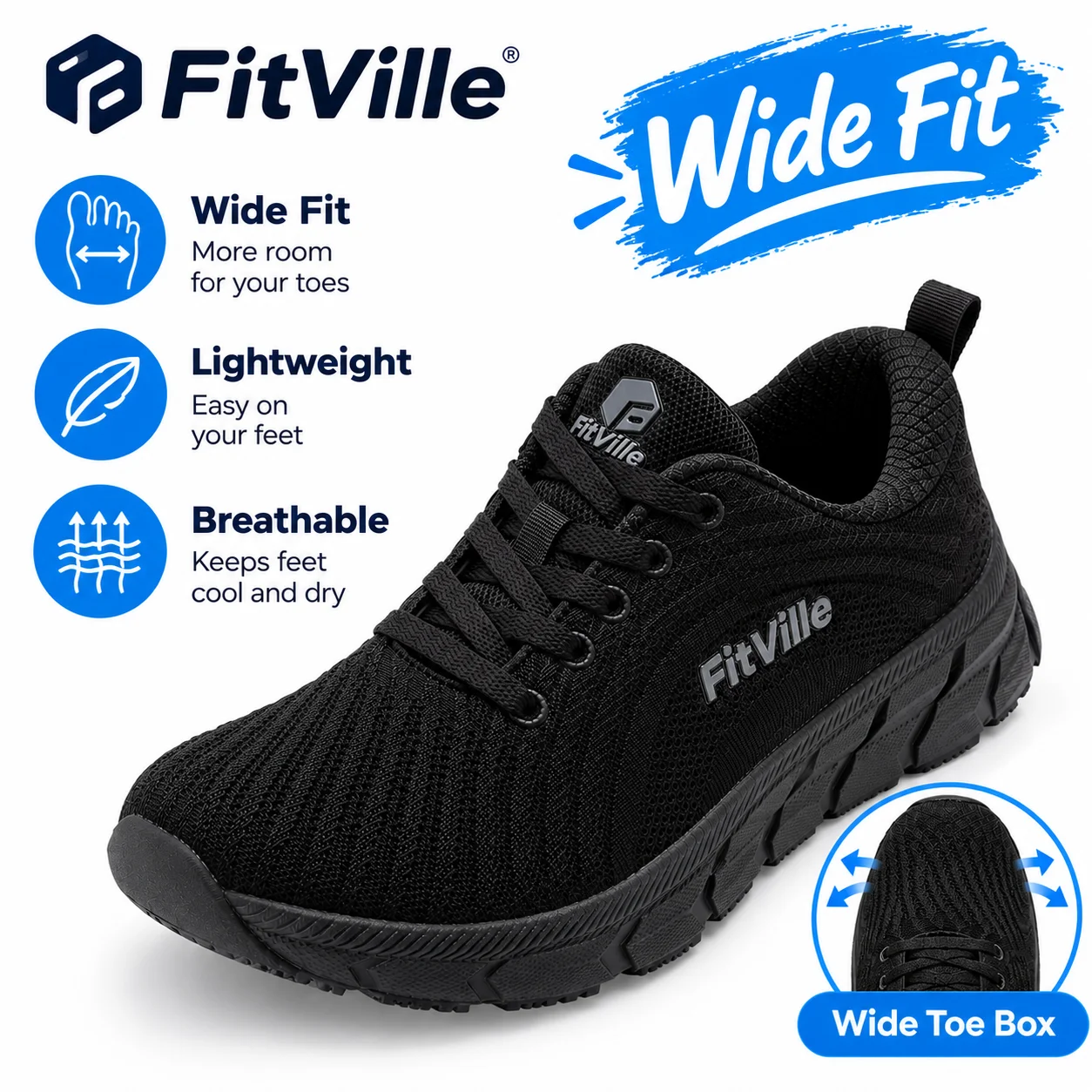 FitVille Wide Toe Box Shoes for Men Cushioned Well Extra Wide Width Shoes Non Slip Wide Lightweight Breathable Running Shoes