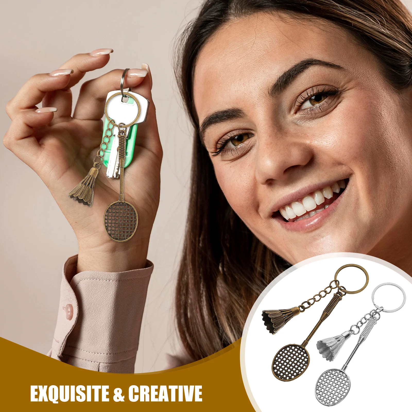 

6Pcs Badminton Player Keychain Set Stylish Metal Shuttlecock Bronze Modern Silver for Everyday Use
