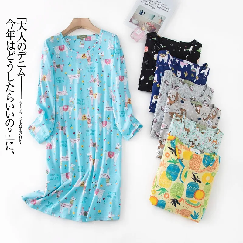 Plus Größe 100 kg 60 % Baumwolle Stricknachthemd Damen Nachthemden Langarm Schlafkleid Kawaii Cartoon Pyjama Nachtwäsche