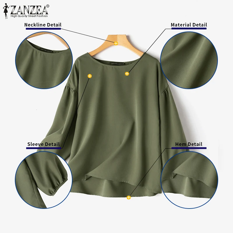 ZANZEA Plus Size Woman Casual Blouses Lantern Sleeves Round Neck Solid Color High-Low Tops Spring Minimalist Blusas de Mujer 5XL - view 4