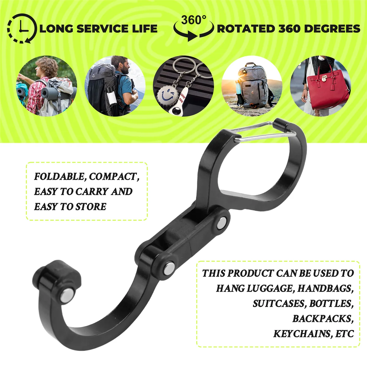 

ABAZJ Multifunctional D-Shaped Carabiner Keychain 360 Rotating Hook for Camping, Hiking, Travel (Black)