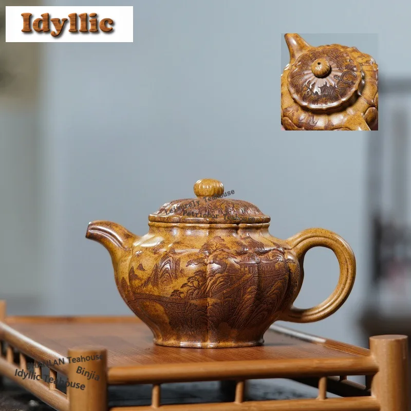 

350ml Vintage Yixing Purple Clay Teapots Handmade Landscape Pot Raw Ore Section Mud Kettle Chinese Zisha Tea Set Decoration Gift
