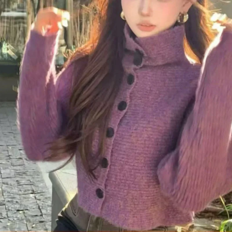 

Короткий вязаный кардиган с круглым вырезом и рукавами «летучая мышь», осень-зима 2021, новый свободный женский свитер с высоким воротником в ленивом стиле