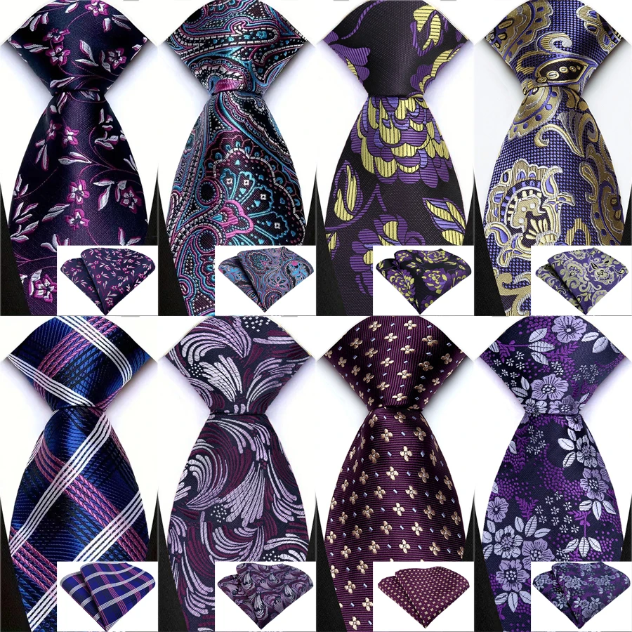 Herren-Krawatte, 8 cm, Jacquard-Krawatte, Einstecktuch-Set, dunkellila, floral kariert, Paisley-Krawatte für Männer, Hochzeit, Business, Party, Geschenk