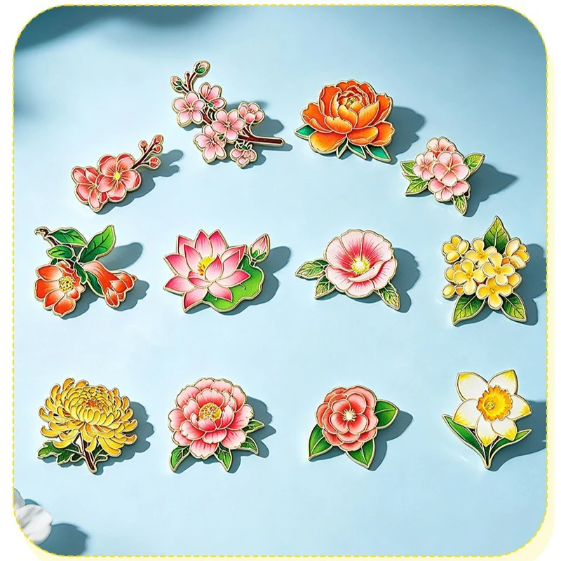 December Birth Flower Brooch Lotus Plum Blossom Chrysanthemum Peony Metal Pin Badge For DIY Bag Clothing Hat Scarf T-shirt Jeans