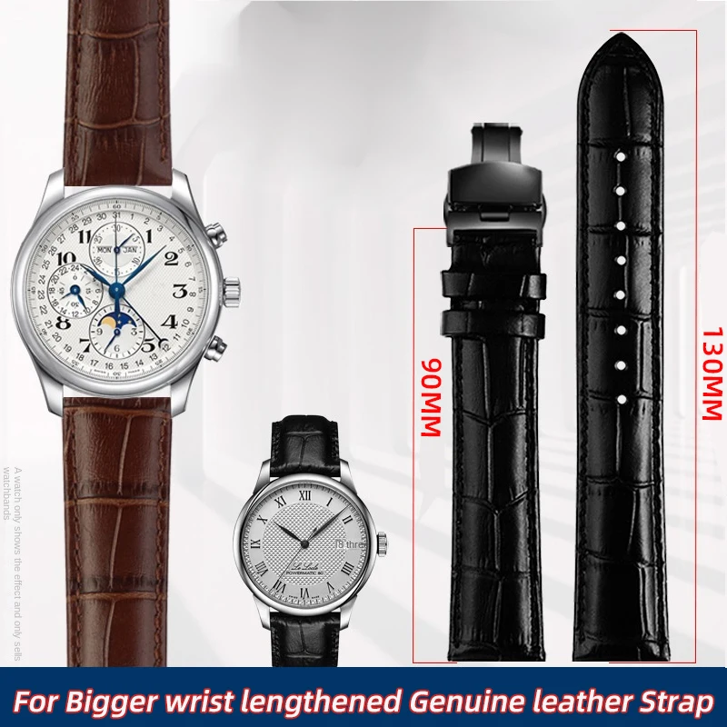 130+90mm Bigger wrist lengthened Strap Men Genuine Leather Watchband 20 22m Longer cowhide Watch Band folding buckle Accessories