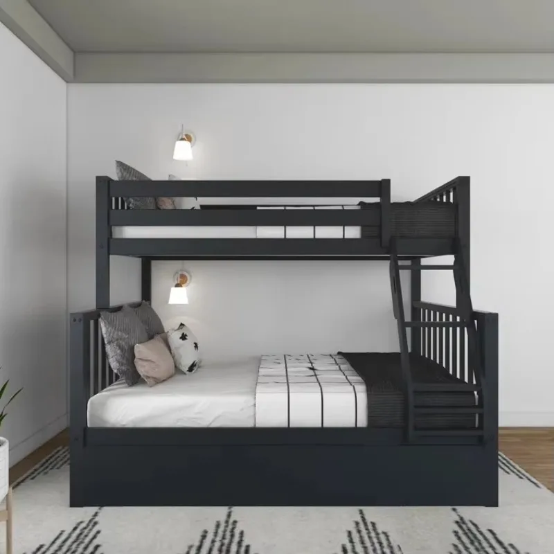 Factory Direct 2026 Solid Wood Twin Over Full Bed with Trundle for Kids for Bedroom School Hotel Living Room or Apartment