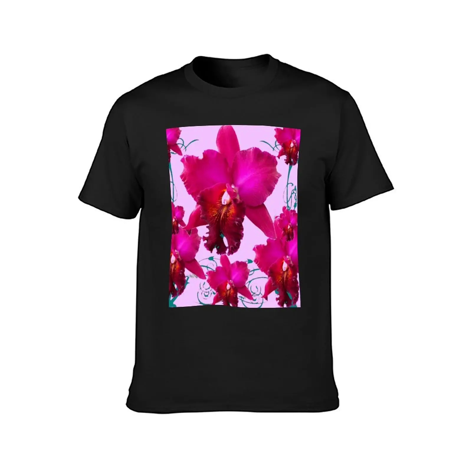 FUCHSIA PINK DECORATIVE GARDEN ORCHIDS PATTERN ART T-Shirt tops Aesthetic clothing mens clothes