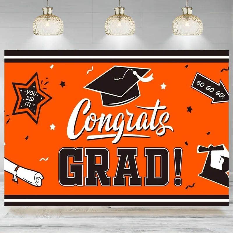 Congrats Graduation Prom Backdrop Banner Celebrating Class Party Decorations Blue Golden Glitter Balloons Photography Backgroun