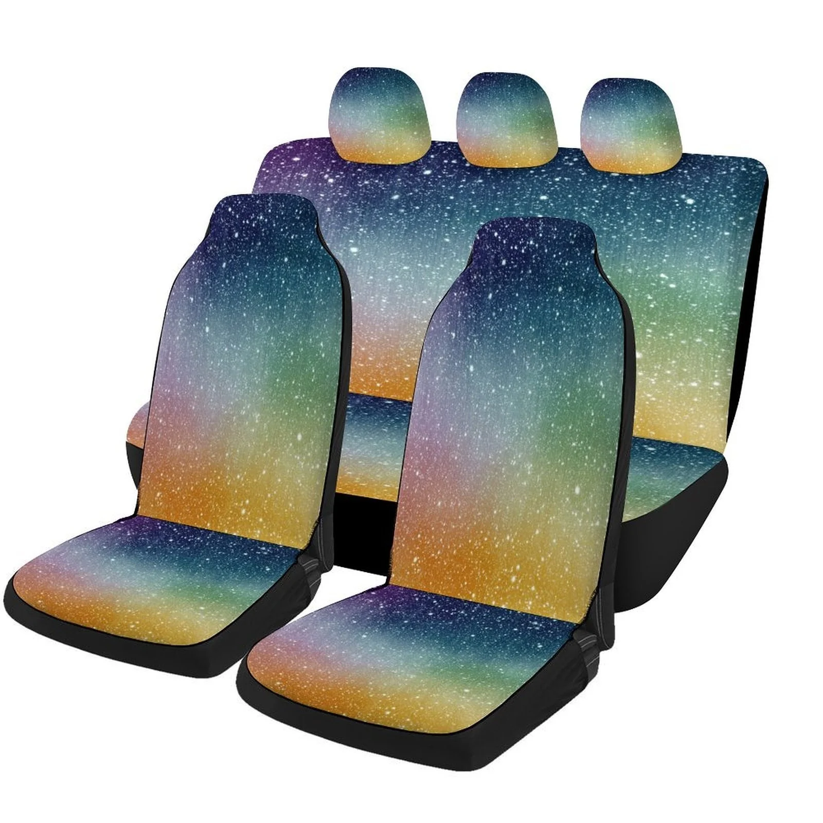 Set Of Car Seat Covers With A Rainbow Sky Theme, Suitable For Various Vehicles. These Stylish And Comfortable Covers Serve As De