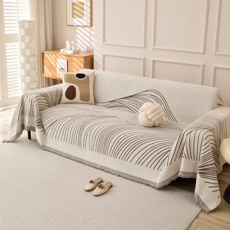 Chenille sofa towel with tassels, double sided, for living room camping picnics, large blanket casual beach towel