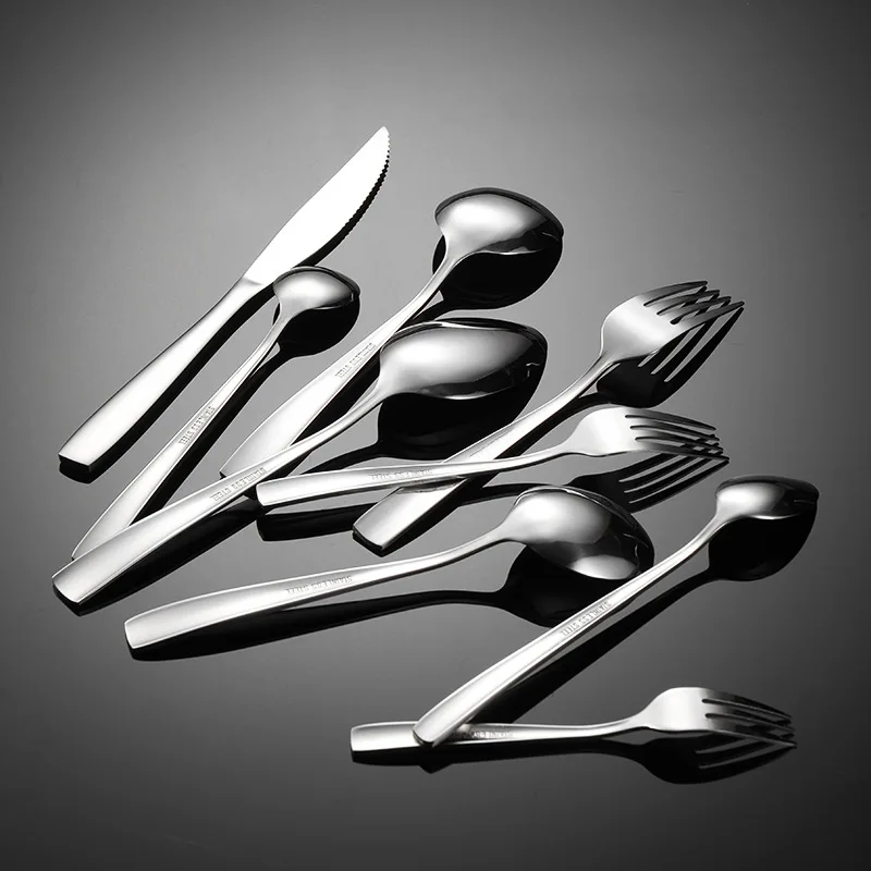 Silver Square Handle Western Cutlery Sets Stainless Steel Table Service Dining Fork Spoon Knife Full Set Hotel Kitchen Supply