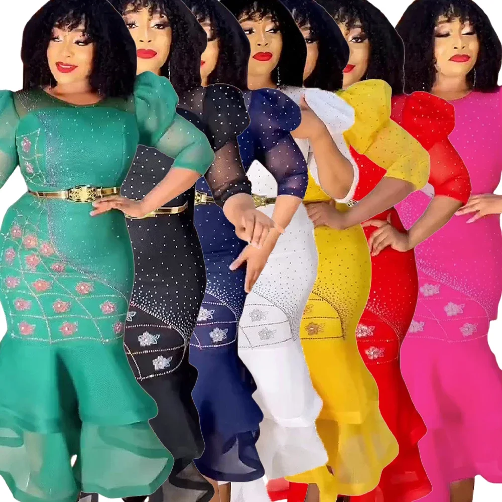 

2025 Elegant African Dresses for Women Ruffle Diamond Mermaid Evening Party Dress Wedding Ankara Gown Robe Dashiki Kaftan Abaya