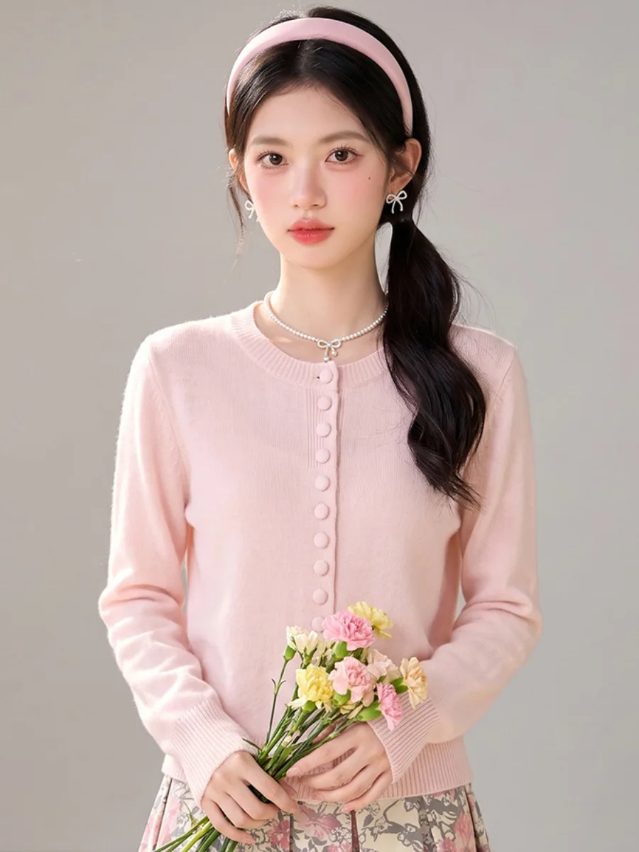 Korean Style round Neck Short Knitted Cardigan Women's Spring Autumn Unique Beautiful Pink Inner Wear Base Layer Top