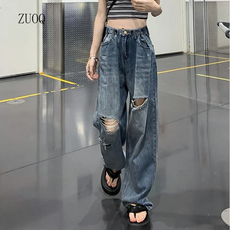 

2026 Summer New Women's Jeans High-waisted Hole Straight Loose Wide Leg Vintage High Street Pants Woman