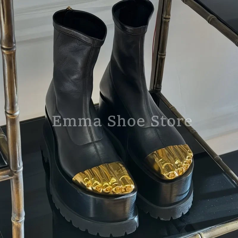 Sepatu Boots Wanita Golden Toe 2025, Model Stretch, Sol Tebal, Resleting, Platform Modern, Sepatu Retro Kulit, Wedge, Lima Jari, Tinggi Betis Sedang