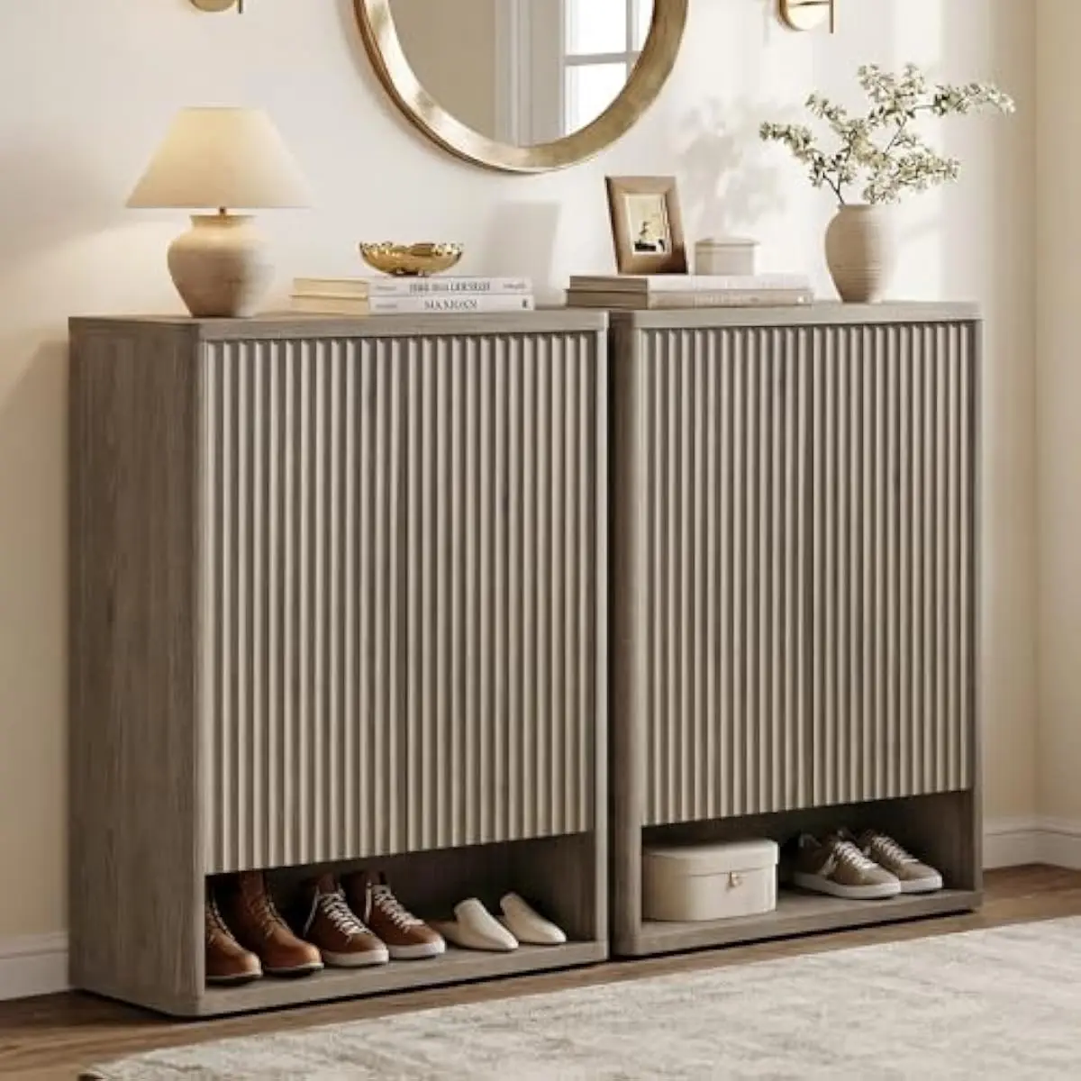 Tall Fluted Shoe Cabinet 44.9 Inch High with Six Functional Tiers Four Fixed Plus Two Adjustable Shelves Engineered Wood Constru