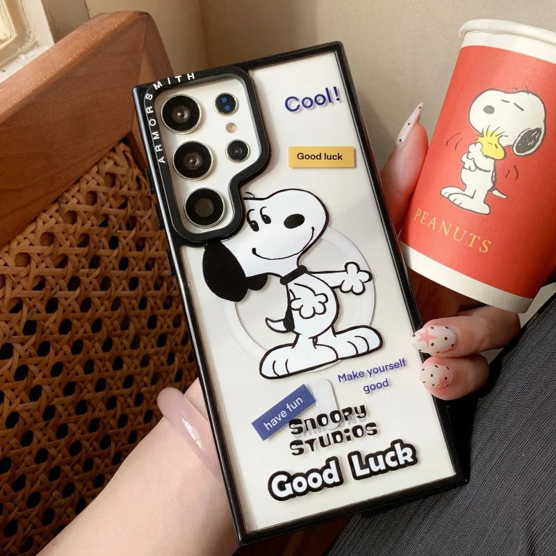 

Cute Cartoon Snoopy Charlie Magsafe Wireless Charge Phone Case For Samsung S23 S24 S25 Ultra Plus Funny Snoopy Magnetic Holder