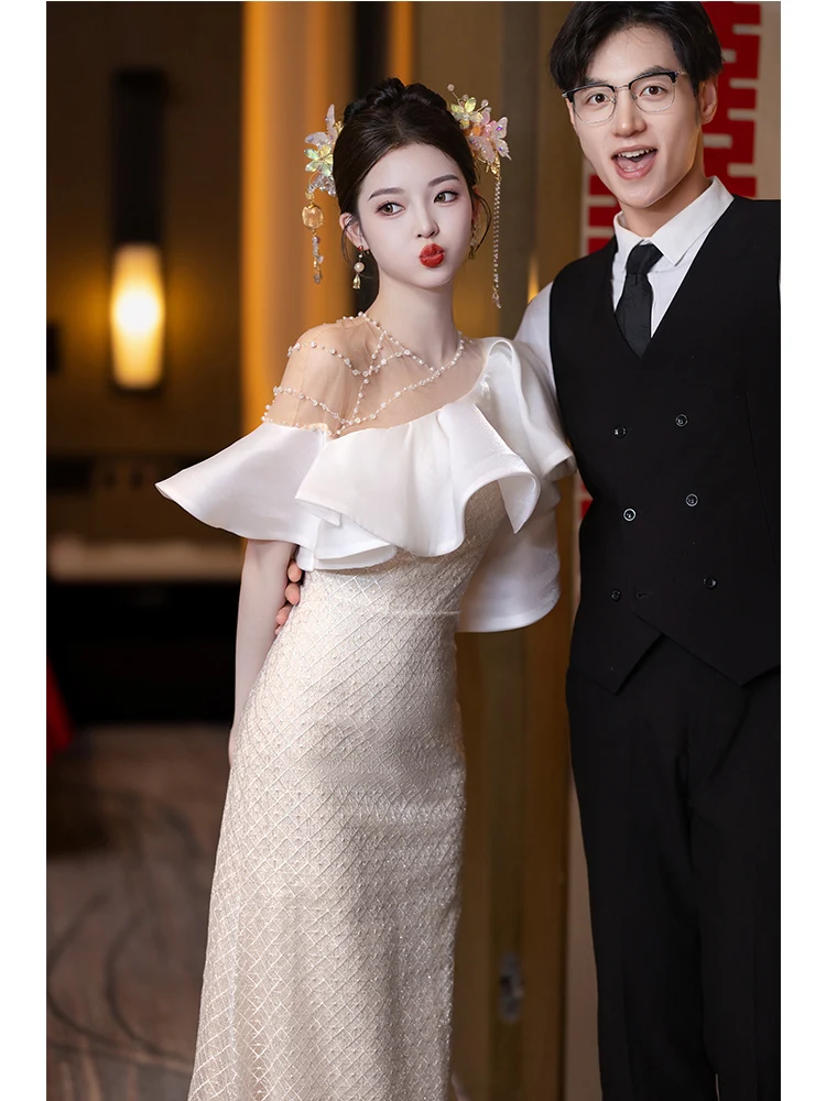 

Элегантное вечернее платье с шлейфом, красивое белое свадебное/помолвочное платье с длинной юбкой и круглым вырезом, короткий рукав