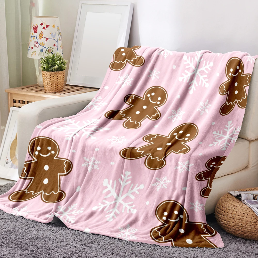 1PC Christmas Pink Gingerbread Man and Snowflake Print Blanket — Made of soft, cozy flannel, perfect for a sofa or bed. A lovely