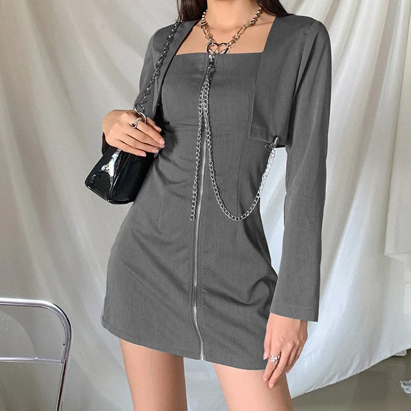 

2024 New Long Sleeve Casual Streetwear Wild Solid Female Mini Dress Women Fall Fashion Slim Solid Cool Zipper Chain Gray Dress