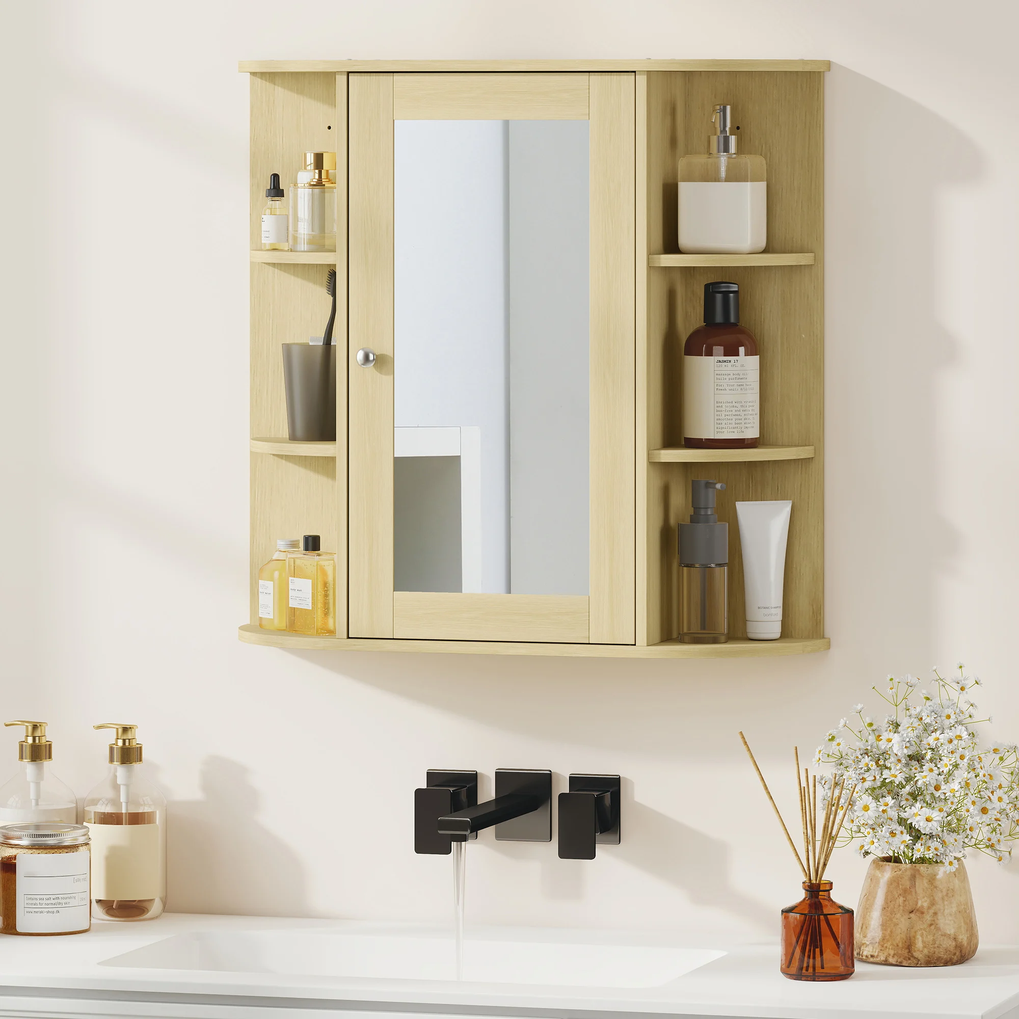 Homcom Badkamerkast met spiegel, wandkast met deur, open planken, hangend badkamermeubel voor keuken, woonkamer, 66X17X63 cm, naturel