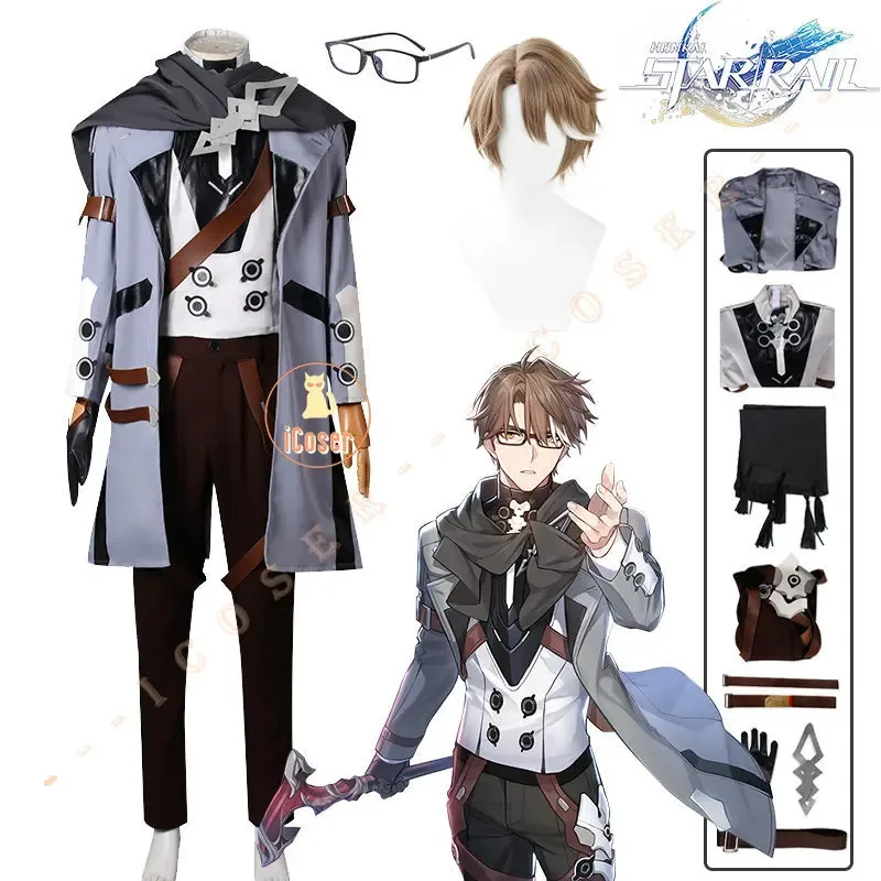 

New 2025 AA Honkai Star Rail Welt Yang Cosplay Costume Wig Game Uniform Glasses Trench Scarf Astral Express Animator Hallowe ★★★
