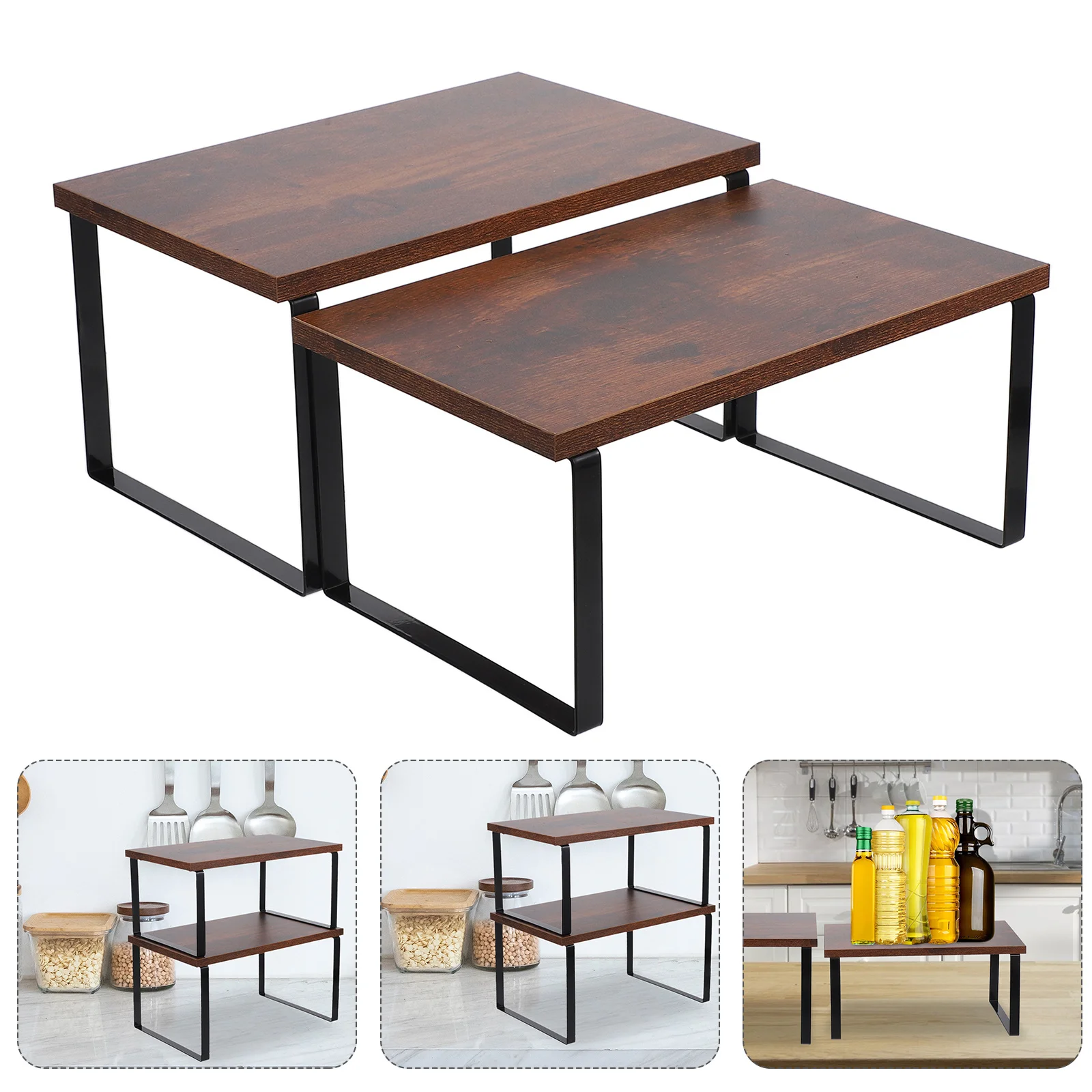 

2Pcs Wood Spice Shelves Expandable Multifunctional Kitchen Organizer Rack for Cabinets Desktop Countertop Storage