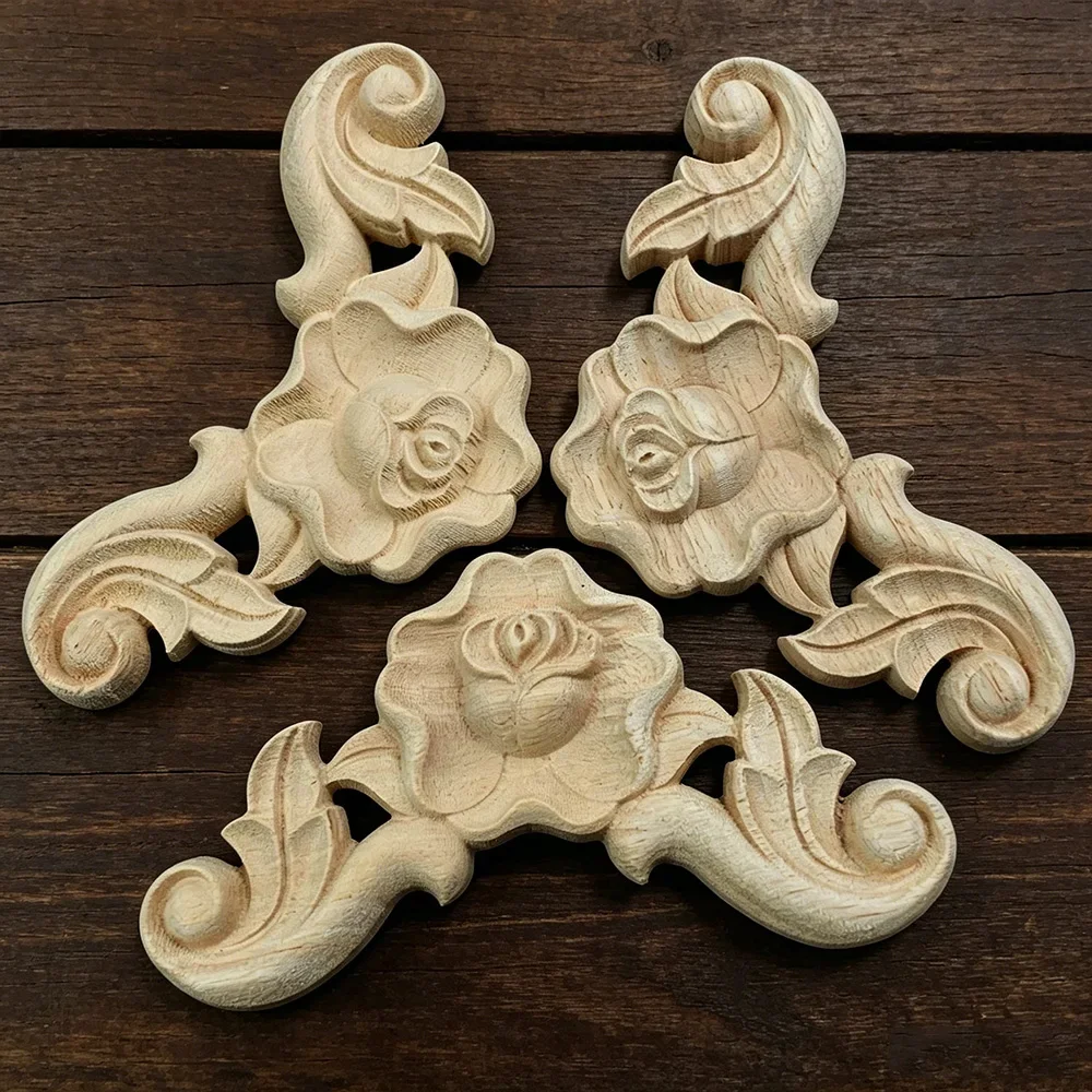 10PCS Wood Applique Decal Mouldings Antique Ornamental European Rose Flower Rubber Wood Corner Cabinet Walls Cabinet Doors