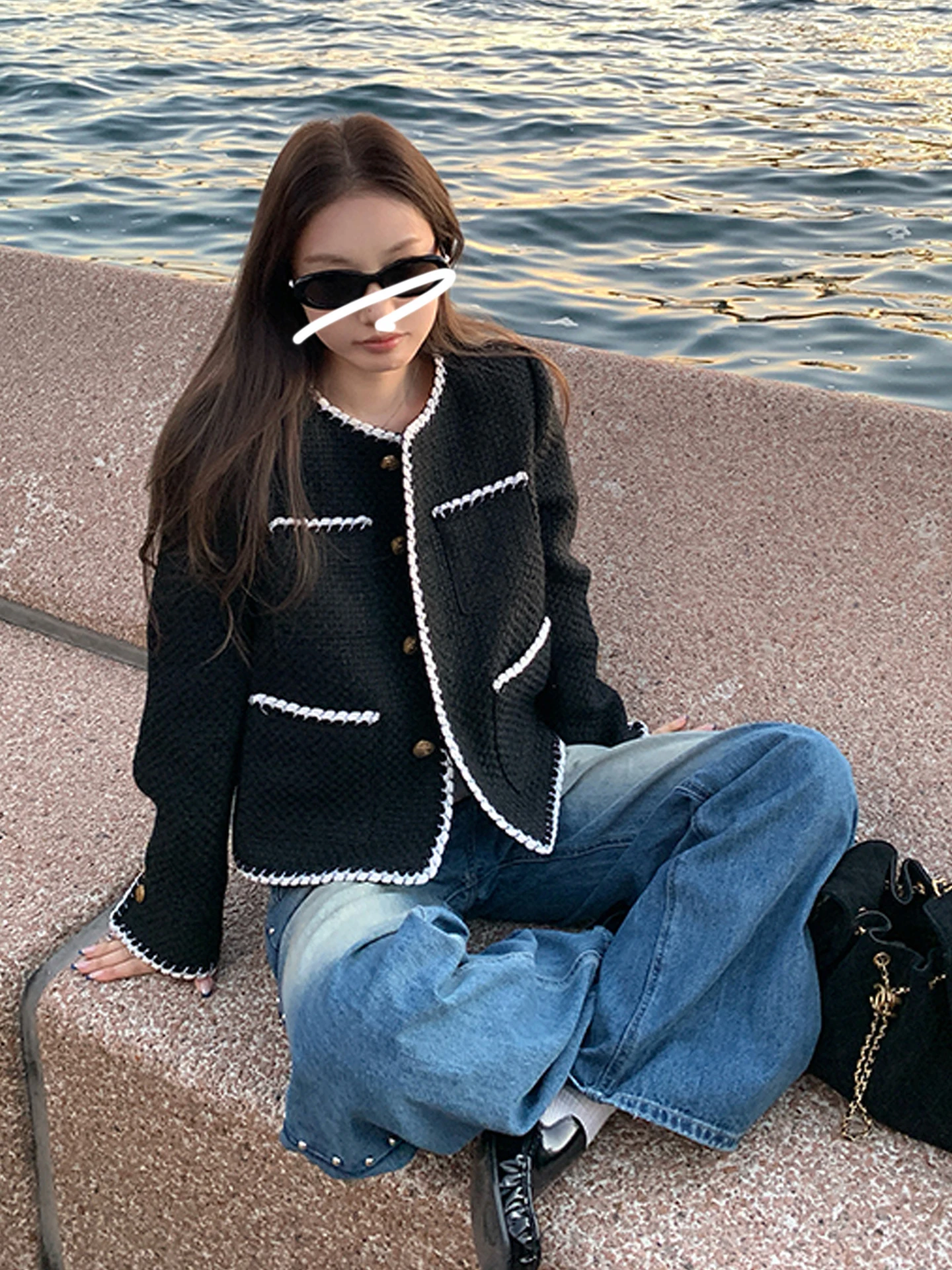 

Retro Striped Color Blo Woolen ort Coat for Women round Ne Button up Jaet Sli Autumn Outerwear Ladies Faion