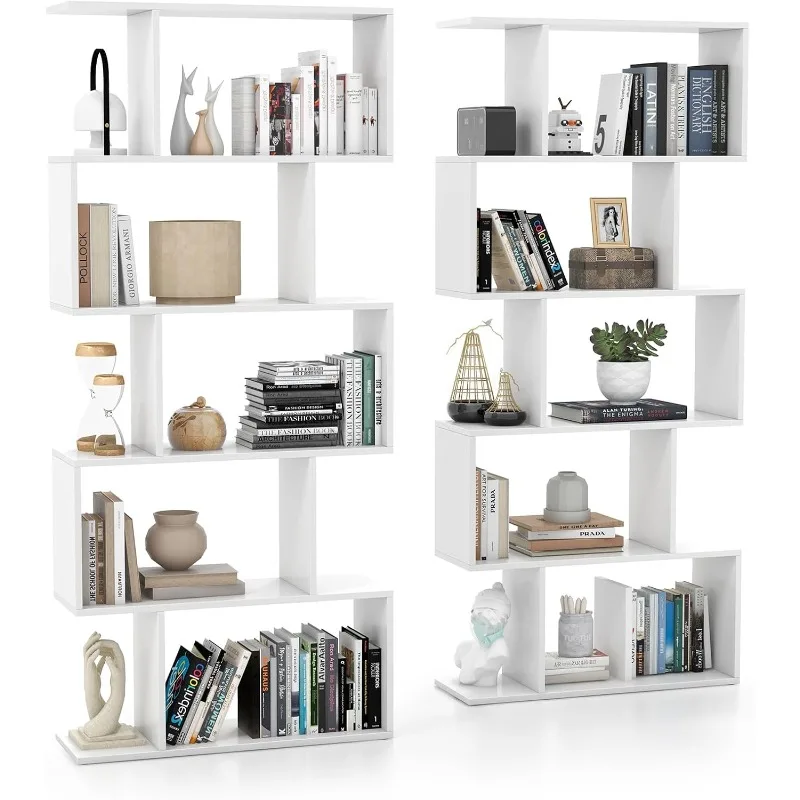 

5-Tier Geometric Bookshelf, S Shaped Bookcase w/Anti-Toppling Device, Freestanding Room Divider, Industrial Home Office