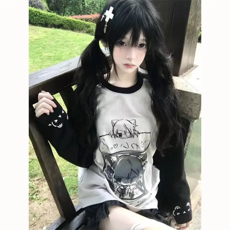 Japonês contraste cor anime impressão bonito manga comprida em torno do pescoço camiseta para as mulheres outono novo solto algodão na moda y2k topo