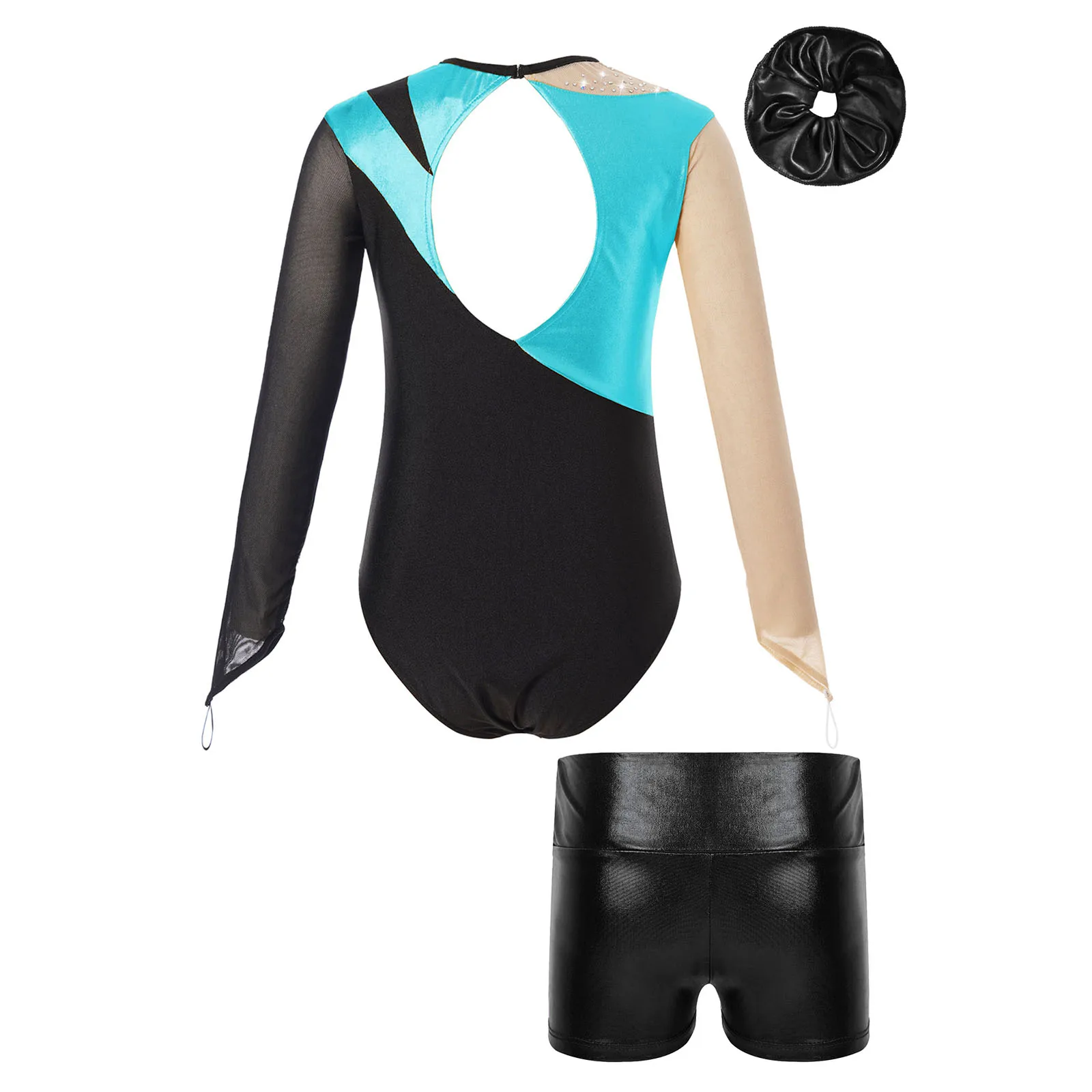 Children Girls Long Sleeve Shiny Figure Skating Ballet Dance Gymnastic Acrobatics Yoga Leotard Bodysuit with Shorts Hair Band