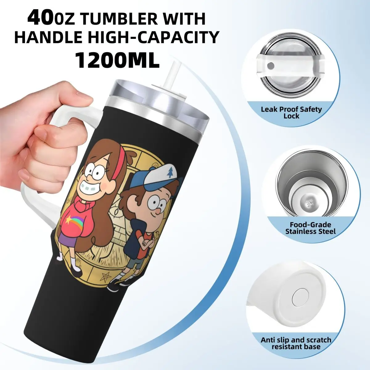 Stainless Steel Tumbler Gravity Falls Car Mugs With Straws Travel Hot Drinks Water Bottle Heat Preservation 40oz Coffee Mug