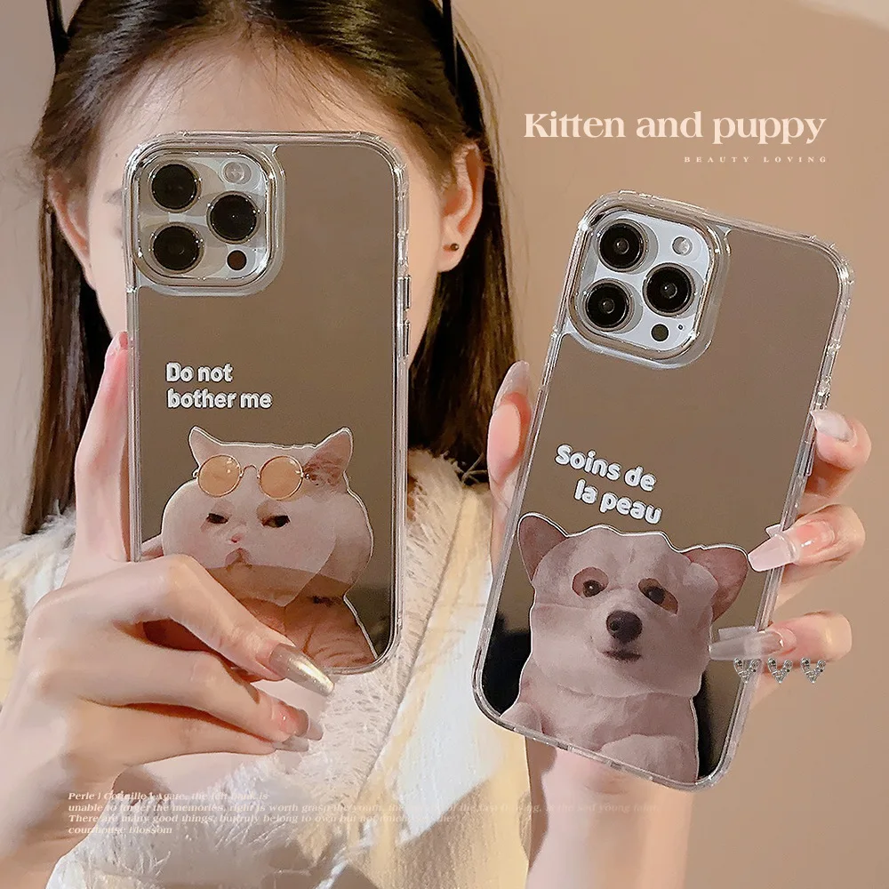 Mask Cat and Dog Mirror Case for IPhone 15 Plus Girl 13 Pro Max Niche 12 Cute 11 Animal 14 Ins Creative Makeup Mirror Phone Case