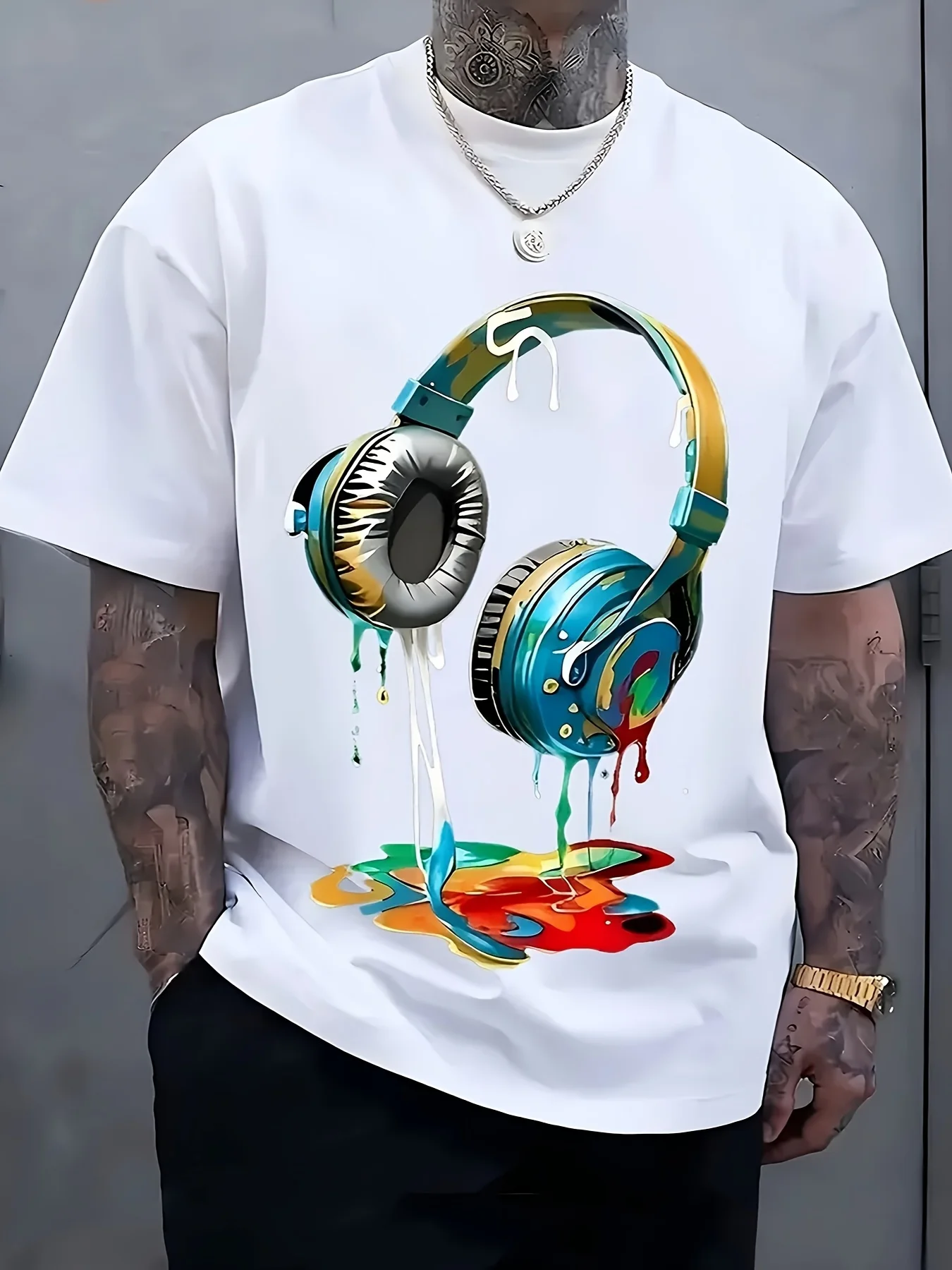 Men's Streetwear Pattern T-Shirt - Vivid Headphones and Paint Splash Prints, Breathable Fabric, Loose Casual Summer T-Shirt, Machine Washable, Casual Wear