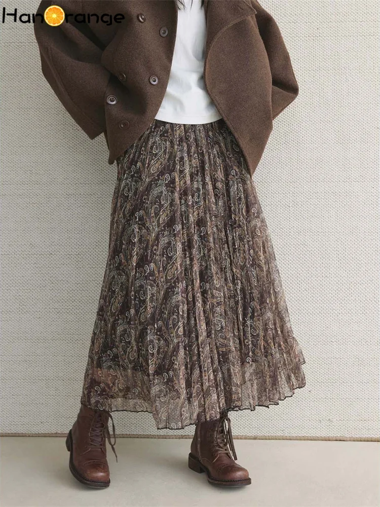 Hanorange 2026 início da primavera vintage cintura alta paisley padrão saia dobrada grande balanço a linha saia longa café/azul