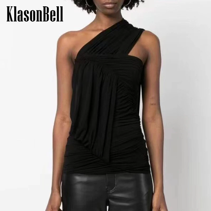 

11.13 KlasonBell Black Temperament Fashion Sense Of Design Asymmetrical Single-Shoulder Ruched Tank Top Women's