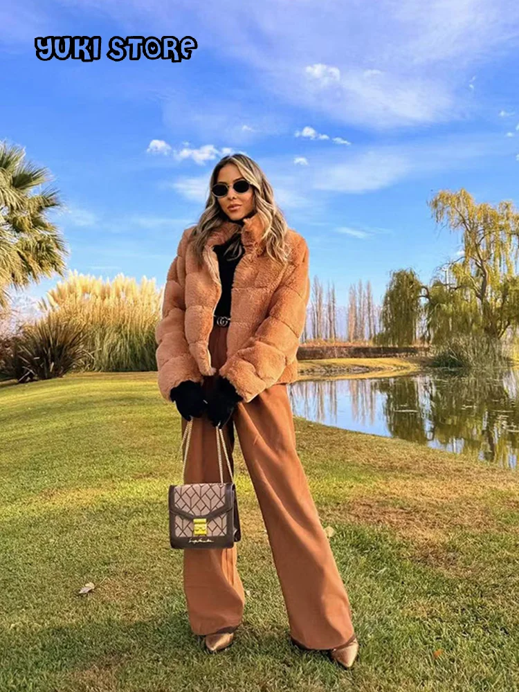 

Luxury Faux Soft Fur Warm Thick Coat Women Loose Stand Collar Full Sleeve Coats 2025 Autumn Winter New Lady Fur Outwears
