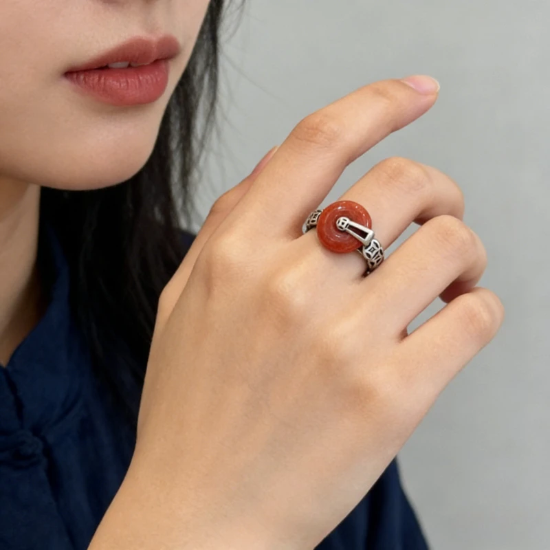Vintage 925 Silver Red Green Jade Ring Women Chinese Style Rotatable Adjustable Open Index Finger Fashion Ring Versatile Retro