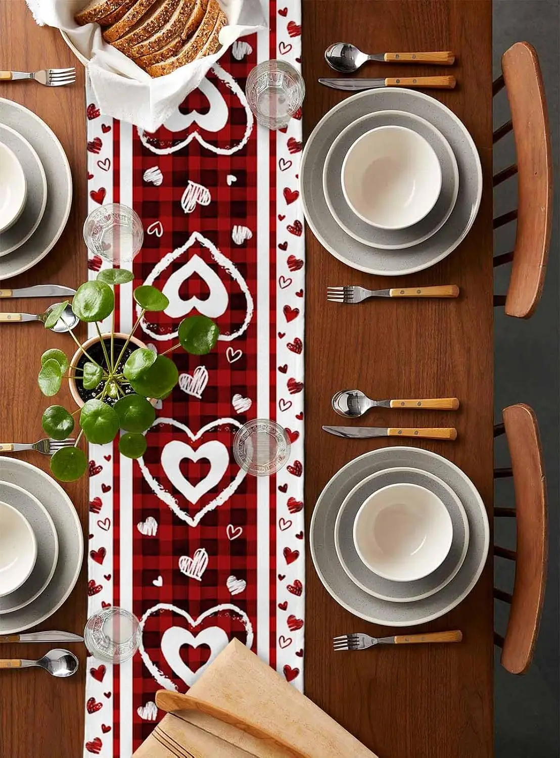 Valentine's Day Red White Plaid Hearts Linen Table Runner Holiday Party Decor Anniversary Dining Table Runner Wedding Decoration