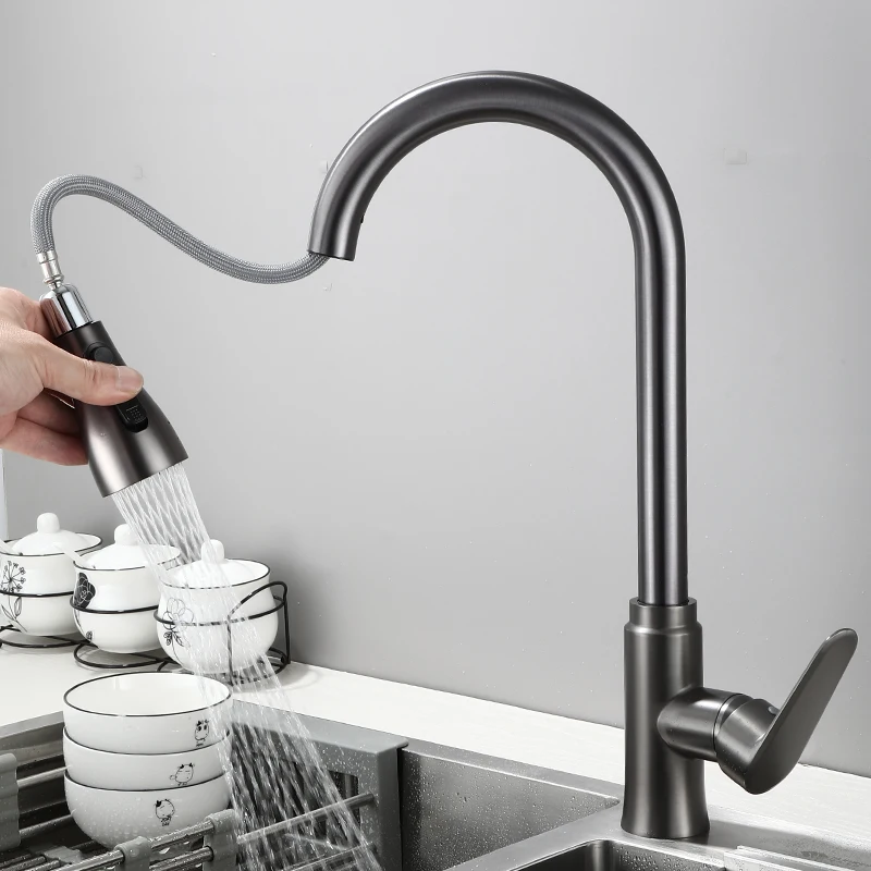 

Grey Kitchen Faucet Single Hole Pull Out Spout Kitchen Sink Mixer Tap Stream Sprayer Head Mixer Tap
